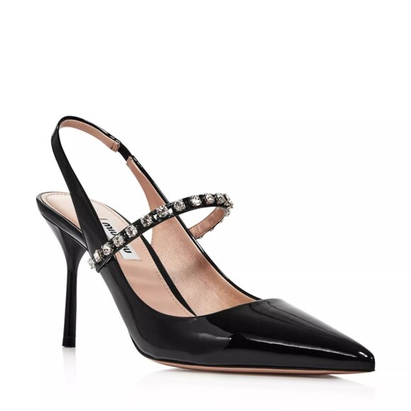 NWT Miu Miu Slingback Mules Black Patent Leather Crystal Embellished Sz 35 - Picture 1 of 8